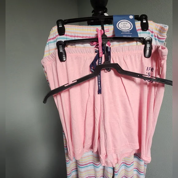 Life is Good Blueish Purple T-Shirt and Pink Shorts And Stripped Pants Set - Picture 3 of 4